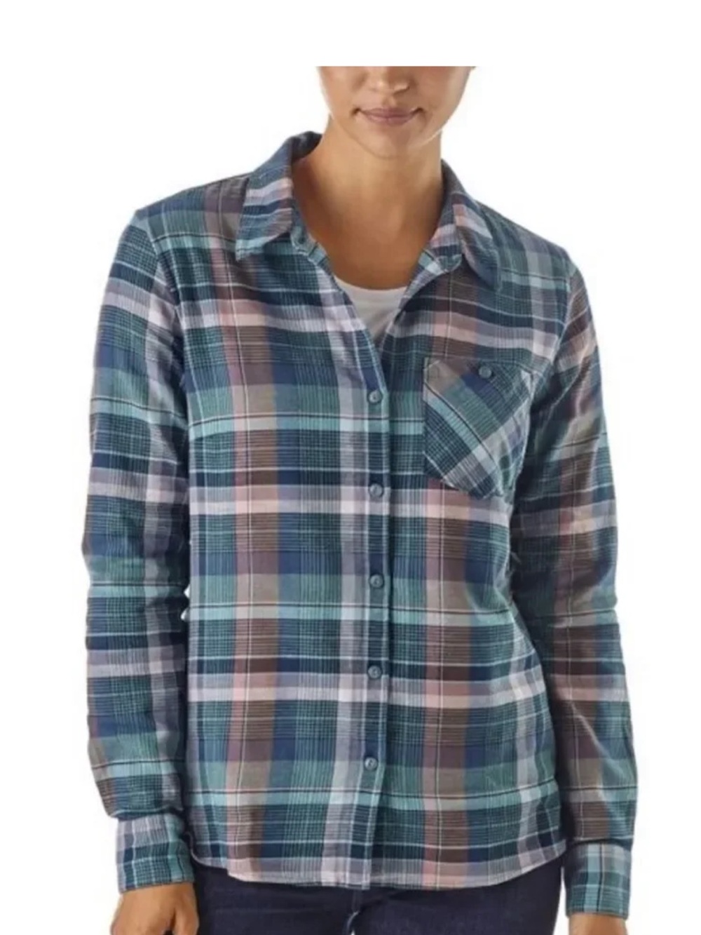 Patagonia Organic Cotton Plaid Button-Front Flannel Shirt Jacket - Blue Multi